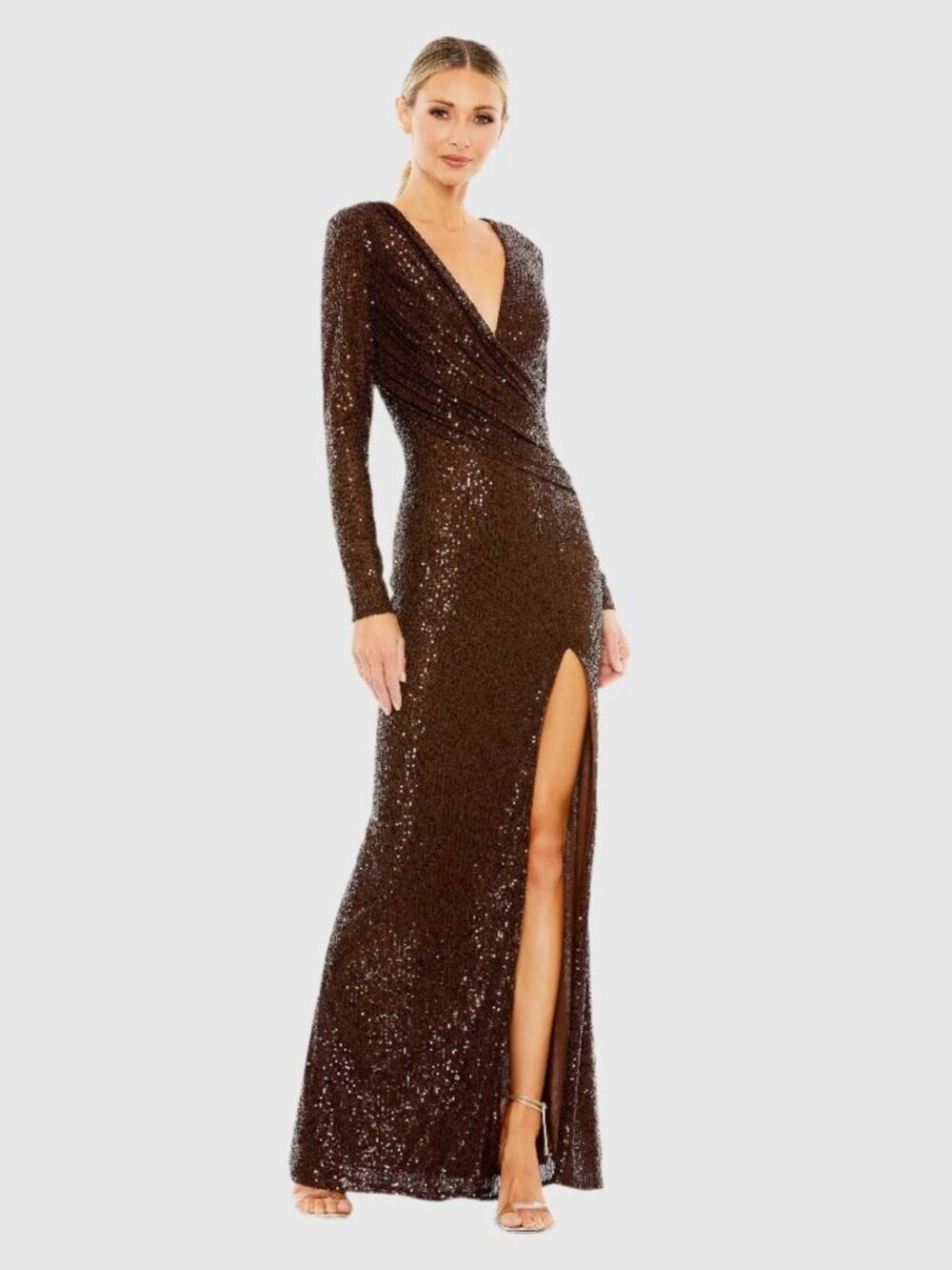 MAC DUGGAL Size 4 Brown 26723 Sequined Long Sleeve Faux Wrap Ruched Gown Dress